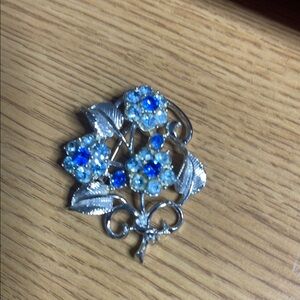 Coro Silver and Blue Rhinestone Floral Brooch
